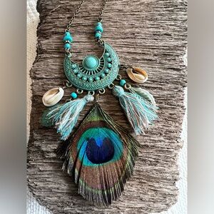 Bohemian Turquoise Shell Bead Peacock Feather Statement Necklace